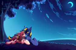 Size: 7222x4700 | Tagged: source needed, safe, artist:airiniblock, imported from derpibooru, oc, oc only, oc:airi, oc:vajr, bat pony, pony, unicorn, aijr, bat wings, chest fluff, cloud, duo, ear fluff, eyes closed, floppy ears, horn, moon, night, nuzzling, rcf community, shipping, smiling, tree, vairi, wings