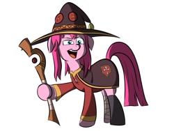 Size: 1080x810 | Tagged: safe, imported from derpibooru, pinkie pie, earth pony, pony, floppy ears, hat, konosuba, megumin, open mouth, pinkamena diane pie, solo, staff, wizard, wizard hat