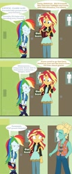 Size: 1920x4608 | Tagged: safe, artist:phantomshadow051, imported from derpibooru, rainbow dash, sunset shimmer, zephyr breeze, comic:eqg:bursting rainbow, equestria girls, equestria girls series, bathroom, crossed legs, desperation, implied twilight sparkle, need to pee, omorashi, out of order, potty dance, potty emergency, potty time, request, restroom, sunset's journal, sweat