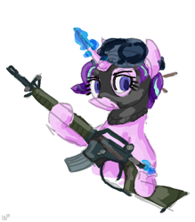 Size: 624x713 | Tagged: safe, artist:chaoticchloride, imported from derpibooru, starlight glimmer, pony, unicorn, alternate hairstyle, balaclava, female, glowing horn, gun, horn, mare, military, rifle, simple background, solo, weapon, white background