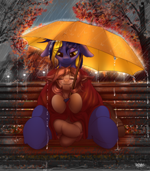 Size: 3500x4000 | Tagged: source needed, useless source url, safe, artist:redvais, imported from derpibooru, oc, oc only, oc:airi, oc:vajr, bat pony, pony, unicorn, aijr, autumn, bench, cloak, clothes, duo, eyes closed, floppy ears, hug, lidded eyes, rain, sitting, smiling, streetlight, tree, umbrella, vairi