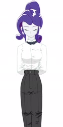 Size: 1024x2048 | Tagged: safe, alternate version, artist:batipin, imported from derpibooru, rarity, equestria girls, alternate hairstyle, bowtie, clothes, eyes closed, female, hands behind back, simple background, solo, suit, white background