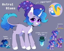 Size: 1500x1185 | Tagged: safe, artist:astralblues, imported from derpibooru, oc, oc:astral blues, pony, unicorn, pony town, blue mane, chest fluff, clothes, costume, crystal, cutie mark, ear fluff, female, hair, hat, hoof fluff, lamp, leg fluff, mane, mare, musical instrument, pixel art, purple eyes, reference, reference sheet, saxophone, socks, standing, stars