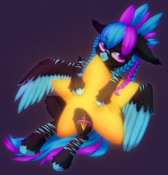 Size: 1977x2064 | Tagged: safe, artist:astralblues, imported from derpibooru, oc, oc only, oc:will-o'-wish, hybrid, pegasus, pony, zebra, cutie mark, ear fluff, eyeshadow, fluffy, hair, hair bun, holding, hoof fluff, hugging a pillow, makeup, pigtails, pillow hug, purple eyes, solo, star pillow, stripes, tail, wing fluff, wings