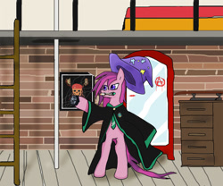 Size: 1138x945 | Tagged: safe, artist:sanav1, imported from derpibooru, oc, oc:formosana, earth pony, anarchist, bedroom, clothes, doctor who, harry potter (series), hat, i tried, pirates of the caribbean: dead man's chest, slytherin, sonic screwdriver, trixie's hat