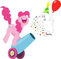 Size: 1626x1568 | Tagged: safe, artist:clarktooncrossing, imported from derpibooru, pinkie pie, oc, ghost, pony, undead, balloon, hat, party cannon, party hat, simple background, transparent background