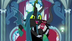 Size: 1920x1080 | Tagged: safe, imported from derpibooru, screencap, lord tirek, queen chrysalis, centaur, changeling, changeling queen, the ending of the end, bell, female, grogar's bell, male, ultimate chrysalis