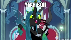 Size: 600x337 | Tagged: safe, edit, edited screencap, imported from derpibooru, screencap, lord tirek, queen chrysalis, centaur, changeling, changeling queen, the ending of the end, bell, caption, female, grogar's bell, image macro, male, memeful.com, text, ultimate chrysalis