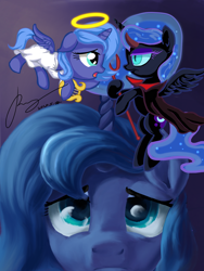 Size: 2250x3000 | Tagged: source needed, safe, artist:musical ray, imported from derpibooru, nightmare moon, princess luna, alicorn, pony, cute, female, filly, filly luna, filly nightmare moon, lunabetes, nightmare woon, s1 luna, shoulder angel, shoulder devil, woona, younger