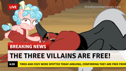 Size: 1280x720 | Tagged: safe, edit, edited screencap, imported from derpibooru, screencap, cozy glow, lord tirek, centaur, pegasus, pony, frenemies (episode), antagonist, arms, bow, break your own news, breaking news, caption, cloven hooves, cozy glow is best facemaker, curly mane, derp, evil lair, faic, female, filly, funny, funny faces, grogar's lair, horns, image macro, lair, male, meme, nose piercing, nose ring, piercing, septum piercing, stairs, text