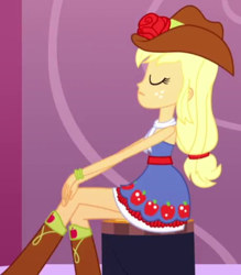 Size: 460x524 | Tagged: safe, imported from derpibooru, screencap, applejack, eqg summertime shorts, equestria girls, make up shake up, bare shoulders, cropped, fall formal outfits, sleeveless, solo, strapless