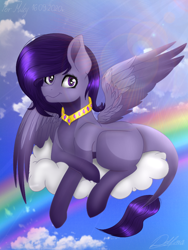 Size: 768x1024 | Tagged: safe, imported from derpibooru, oc, oc only, pegasus, pony, cloud, female, leonine tail, mare, on a cloud, orginal charakter, rainbow, solo