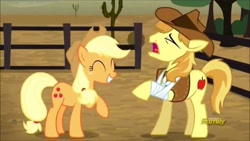 Size: 1280x720 | Tagged: safe, imported from derpibooru, screencap, applejack, braeburn, earth pony, pony, appleoosa's most wanted, applejack's hat, bandage, broken hoof, cowboy hat, cute, discovery family logo, female, hat, jackabetes, male, mare, stallion