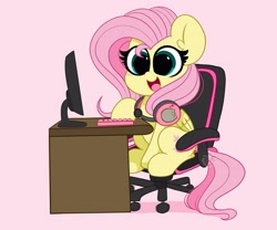 Size: 4096x3413 | Tagged: safe, artist:kittyrosie, imported from derpibooru, fluttershy, pegasus, pony, blushing, chair, computer, cute, desk, female, gamershy, headphones, headset, keyboard, mare, monitor, open mouth, pink background, pusheen, shyabetes, simple background, sitting, smiling, solo