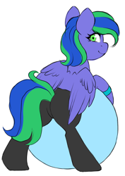 Size: 3539x5000 | Tagged: safe, artist:grapegrass, artist:torihime, imported from derpibooru, oc, oc only, oc:felicity stars, pegasus, pony, bipedal, bipedal leaning, clothes, colored sketch, commission, exercise ball, female, leaning, looking at you, looking back, looking back at you, mare, pants, simple background, solo, white background, wings, ych result, yoga ball, yoga pants