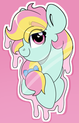 Size: 2579x4000 | Tagged: safe, artist:partylikeanartist, imported from derpibooru, oc, oc only, oc:candy axe, earth pony, pony, bow, bust, colored, gak, goop, hair bow, hatching, hatching (technique), high res, looking at you, ponytail, portrait, simple background, solo, sticker, wingding eyes