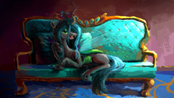 Size: 1281x720 | Tagged: safe, artist:plainoasis, imported from derpibooru, queen chrysalis, changeling, changeling queen, blushing, couch, crown, draw me like one of your french girls, female, green eyes, hair over one eye, horn, jewelry, lidded eyes, looking at you, lying down, open mouth, painting, pose, posing for photo, prone, regalia, rug, sharp teeth, side view, smiling, smiling at you, solo, spread wings, teeth, tiara, wings