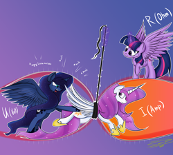 Size: 4000x3600 | Tagged: safe, artist:ser-p, imported from derpibooru, princess celestia, princess luna, twilight sparkle, alicorn, pony, alternate hairstyle, angry horse noises, descriptive noise, electrical current, electrical resistance, electricity, high res, magic, meme, ohm's law, physics, pink-mane celestia, rope, telekinesis, twilight sparkle (alicorn), voltage