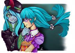 Size: 1280x895 | Tagged: safe, artist:jennobasilicum, imported from derpibooru, juniper montage, queen chrysalis, equestria girls, alternate hairstyle, clothes, duo, equestria girls-ified, eyeshadow, feather, fedora, female, flower, food, glasses, grin, hair over one eye, hat, jacket, leather jacket, makeup, popcorn, rose, shirt, smiling