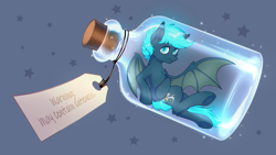 Size: 2580x1451 | Tagged: safe, artist:lightning-stars, artist:ls_skylight, imported from derpibooru, oc, oc only, oc:guttatus, bat pony, pony, bat pony oc, bat wings, bottle, pony in a bottle, solo, wings