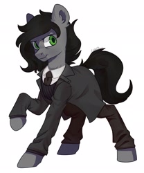 Size: 1707x2048 | Tagged: safe, artist:chibadeer, imported from derpibooru, oc, oc only, earth pony, pony, clothes, coat, necktie, pants, signature, simple background, solo, white background