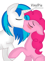 Size: 800x1067 | Tagged: safe, artist:pinkamenascratch, imported from derpibooru, dj pon-3, pinkie pie, vinyl scratch, earth pony, pony, unicorn, blushing, duo, eyes closed, female, holding hooves, kiss on the lips, kissing, lesbian, mare, pinkamena diane pie, shipping, simple background, vinylpie, white background