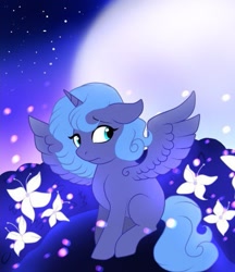 Size: 507x586 | Tagged: safe, artist:pinkamenascratch, imported from derpibooru, princess luna, alicorn, pony, female, filly, flower, full moon, moon, solo, spread wings, wings, woona, younger