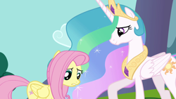 Size: 1280x720 | Tagged: safe, imported from derpibooru, screencap, fluttershy, princess celestia, alicorn, pegasus, pony, keep calm and flutter on, female, mare