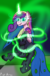 Size: 1000x1500 | Tagged: safe, artist:pixelarrow, imported from derpibooru, princess cadance, queen chrysalis, changeling, changeling queen, pony, disguise, disguised changeling, evil grin, fake cadance, female, glowing eyes, glowing horn, grin, horn, shapeshifting, smiling, transformation