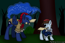 Size: 1200x800 | Tagged: safe, artist:pixelarrow, imported from derpibooru, pipsqueak, princess luna, alicorn, pony, clothes, colt, costume, eyepatch, eyes closed, female, forest, male, mare, nightmare night, pirate, pirate costume, playing, sword, weapon, wooden sword