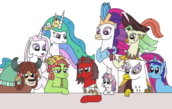 Size: 3264x2059 | Tagged: safe, artist:supahdonarudo, imported from derpibooru, captain celaeno, fleur-de-lis, gilda, minuette, princess celestia, queen novo, sweetie belle, tree hugger, yona, oc, oc:ironyoshi, alicorn, classical hippogriff, earth pony, griffon, hippogriff, parrot pirates, unicorn, yak, my little pony: the movie, bow, clothes, ear piercing, earring, glass, happy birthday mlp:fim, hat, hoof on chin, jewelry, mlp fim's tenth anniversary, monkey swings, piercing, pirate, pirate hat, raised hoof, shirt, simple background, transparent background, wine glass