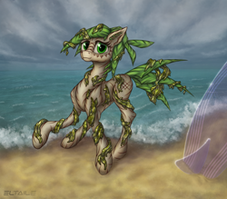 Size: 5040x4416 | Tagged: safe, artist:eltaile, imported from derpibooru, oc, oc only, oc:holo limu, pony, beach, bodypaint, cloud, fangs, female, holo limu, horizon, ocean, sand, scar, seaweed, solo, surfboard, tattoo, tribal, wave