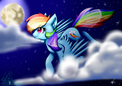 Size: 1700x1200 | Tagged: safe, artist:derpfacederpy, imported from derpibooru, rainbow dash, pegasus, pony, cloud, female, flying, mare in the moon, moon, night, solo