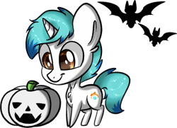 Size: 1490x1081 | Tagged: safe, imported from derpibooru, oc, oc only, oc:snowy blue, bat, unicorn, bats!, chest fluff, cute, male, ocbetes, pumpkin, simple background, solo, stallion, transparent background, white fur