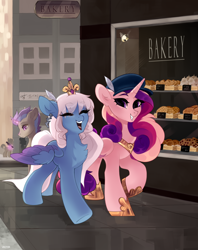 Size: 1900x2400 | Tagged: safe, artist:zlatavector, imported from derpibooru, princess cadance, oc, oc:ice, oc:verlo streams, alicorn, pegasus, pony, background, bakery, best friends, bun, city, commission, crown, decoration, diadem, ear piercing, earring, feather, hair, hat, jewelry, phone, piercing, regalia, wings