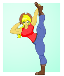 Size: 1859x2184 | Tagged: safe, artist:matchstickman, imported from derpibooru, applejack, human, applejacked, blue background, breasts, busty applejack, clothes, cowboy hat, hat, humanized, looking at you, muscles, out of frame, pants, passepartout, pose, simple background, solo, stetson, white border