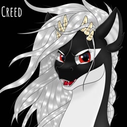 Size: 1080x1080 | Tagged: safe, artist:creed larsen, imported from derpibooru, oc, original species, pony, artist creed larsen, caption, fangs, image macro, long mane, open mouth, pearl horns, sea creature, simple background, text