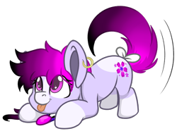 Size: 1228x914 | Tagged: safe, artist:rokosmith26, imported from derpibooru, oc, oc only, oc:lily madness, earth pony, pony, behaving like a dog, bow, chibi, commission, ear piercing, earring, face down ass up, female, jewelry, looking up, mare, markings, necklace, piercing, pink eyes, simple background, solo, tongue out, transparent background, ych result