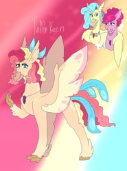 Size: 1280x1730 | Tagged: safe, artist:mayflower-mlp, imported from derpibooru, pinkie pie, princess skystar, oc, oc:taffy keen, hybrid, my little pony: the movie, abstract background, female, interspecies offspring, lesbian, magical lesbian spawn, offspring, parent:pinkie pie, parent:princess skystar, parents:skypie, shipping, skypie