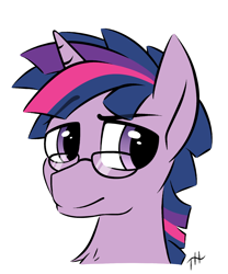 Size: 1250x1500 | Tagged: safe, artist:fakskis, imported from derpibooru, sci-twi, twilight sparkle, pony, unicorn, bust, chest fluff, dusk shine, eyebrows, eyebrows visible through hair, glasses, horn, looking at you, male, rule 63, sci-dusk, simple background, smiling, solo, stallion, unicorn sci-dusk, white background