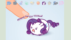 Size: 1366x768 | Tagged: safe, imported from derpibooru, big macintosh, derpy hooves, discord, lyra heartstrings, nightmare moon, princess luna, queen chrysalis, rarity, trixie, human, pony, annoyed, caption, cute, finger, pinkie pie plays, poking, raribetes, solo, tsum tsum