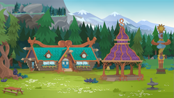 Size: 791x445 | Tagged: safe, imported from derpibooru, equestria girls, legend of everfree, background, bell, building, camp everfree, forest, forest background, gazebo, intertwined trees, mountain, mountain range, no pony, picnic table, scenery, sundial, table, totem pole, tree