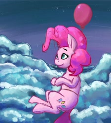 Size: 2048x2280 | Tagged: safe, artist:dummyhorse, artist:phutashi, imported from derpibooru, pinkie pie, earth pony, pony, balloon, cloud, female, floating, flying, high res, looking away, looking up, mare, night, outdoors, sky, smiling, solo, stars, then watch her balloons lift her up to the sky