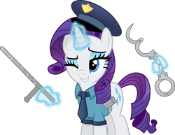 Size: 4566x3532 | Tagged: safe, artist:anime-equestria, imported from derpibooru, rarity, pony, unicorn, clothes, cuffs, eyeshadow, fashion police, female, happy, hat, horn, levitation, magic, makeup, mare, necktie, nightstick, one eye closed, police, police officer, police uniform, pouch, raricop, simple background, smiling, solo, sparkles, telekinesis, tonfa, transparent background, vector, wink