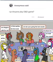 Size: 876x1030 | Tagged: safe, artist:ask-luciavampire, imported from derpibooru, oc, dracony, dragon, earth pony, hybrid, pegasus, pony, unicorn, vampire, vampony, zebra, ask, ask ponys gamer club, ask-ponys-gamer-club, dungeons and dragons, pen and paper rpg, rpg, tumblr