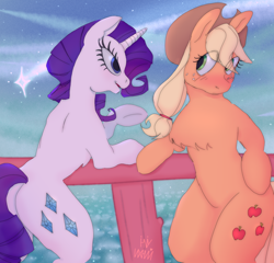 Size: 1280x1229 | Tagged: safe, artist:ihniyart, imported from derpibooru, applejack, rarity, blushing, female, lesbian, rarijack, shipping, shooting star