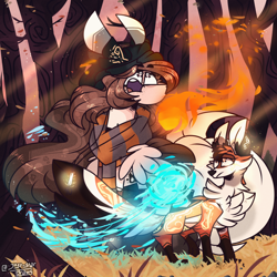 Size: 2000x2000 | Tagged: safe, artist:jxst-starly, imported from derpibooru, oc, oc:yasy, fox, pegasus, bandage, body markings, clothes, falling leaves, fence, fire, fire magic, flowing mane, fluffy, fluffy tail, forest, forest background, grass, grass field, grassy field, jewelry, leaves, long hair, long mane, long tail, magic, markings, necklace, pegasus oc, ponimal, rock, scarf, tree, tree trunk, tree trunks, water, water magic, wings, yellow grass