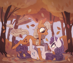 Size: 1280x1097 | Tagged: safe, artist:jademoona, imported from derpibooru, applejack, rarity, earth pony, unicorn, applejack's hat, autumn, cowboy hat, cute, falling leaves, female, hat, horn, leaves, lesbian, looking at each other, mare, rarijack, shipping, tree