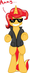 Size: 495x1192 | Tagged: safe, artist:nano23823, imported from derpibooru, sunset shimmer, pony, unicorn, .svg available, bipedal, clothes, female, greaser, grin, mare, simple background, smiling, solo, sunglasses, svg, the fonz, transparent background, underhoof, vector