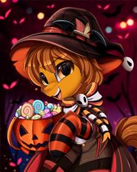 Size: 2550x3209 | Tagged: safe, artist:pridark, imported from derpibooru, part of a set, oc, oc only, oc:zip circuit, pony, candy, clothes, commission, food, halloween, hat, high res, holiday, jack-o-lantern, nightmare night, open mouth, pumpkin, socks, solo, striped socks, witch hat, ych result